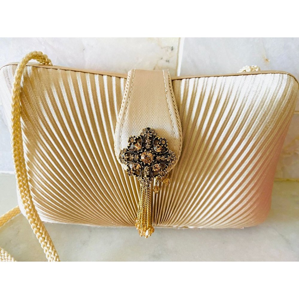 Vintage Todd Anthony Beige Clutch Bag with Sparkling Jewels